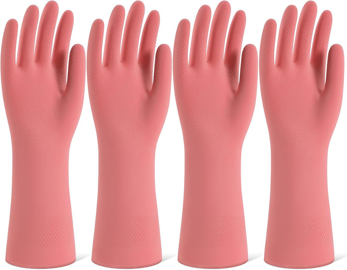 Rubber Cleaning Gloves for Dishwashing, 4 Pairs Reusable Kitchen Gloves for Washing Dishes and Household Cleaning, Green Dish Gloves with Flocked Lining and Non-Slip Grip, Pefect for Woman Men - M