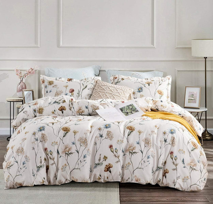 SLEEPBELLA Cotton Queen Size Comforter, Yellow Flowers & Green Botanical Pattern Printed on White 100% Cotton Fabric, Ultra Soft Microfiber Inner Fill 3Pcs Bedding Set