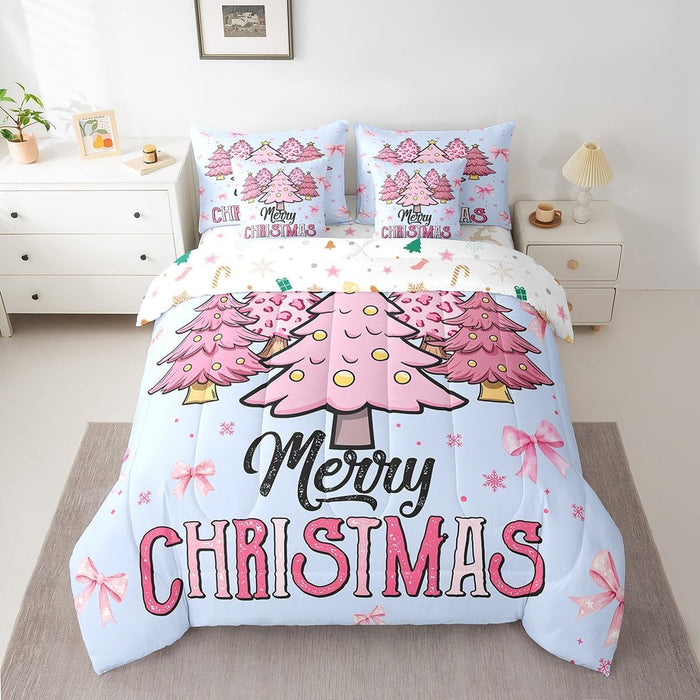 Feelyou Cute Santa Claus Bed Set Boys Girls Twin Size Snowflake 7 Pieces Beeding Set Ultra Soft Winter Bed in a Bag with Comforter, Sheets, Pillowcases Christmas Tree Room Decor Christmas Decorations