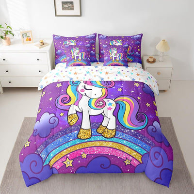 Feelyou Unicorn Bed Set for Kids Girls Twin Size Girls Cute Unicorn 7 Pieces Beeding Set Ultra Soft Star Print Bed in a Bag with Comforter, Sheets, Pillowcases Room Decor Cute Animal