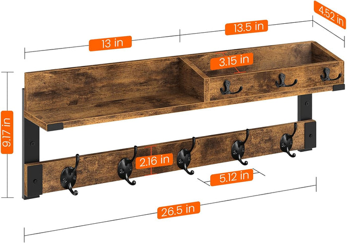 Homode Coat Rack with Shelf, Wall Shelf with Hooks, 26 Inch Long Coat Hanger Wall Mount with Key and Mail Holder, Wood Entryway Shelves for Hanging Hat Jacket Backpack Purse, Rustic Brown Black