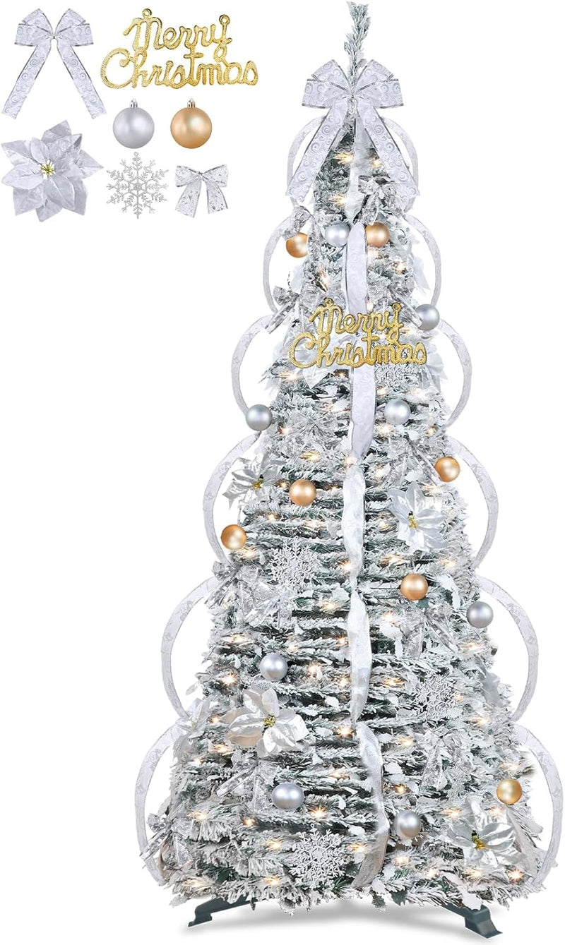 7 Ft Pop Up Full Christmas Tree Prelit 8 Modes 250 Warm White Lights Timer,Pre-Decorated 1 Minute Pull Up Christmas Tree 84 Ornaments UL Plug in Collapsible Xmas Trees Outdoor Indoor Holiday Decor