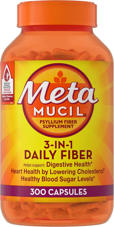 Metamucil, Fiber Capsules, 3-in-1 Psyllium Husk Fiber, 300 Capsules, Daily Fiber Supplement, Help support digestive health*, heart health by lowering cholesterol†, and healthy blood sugar levels*.