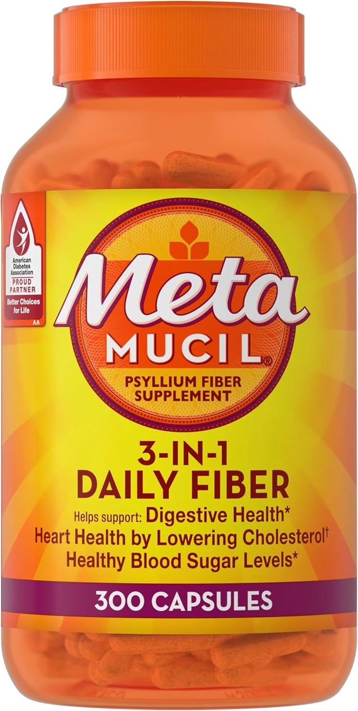 Metamucil, Fiber Capsules, 3-in-1 Psyllium Husk Fiber, 300 Capsules, Daily Fiber Supplement, Help support digestive health*, heart health by lowering cholesterol†, and healthy blood sugar levels*.