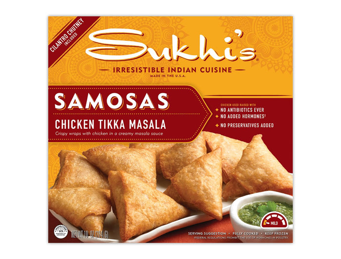 Sukhi's Indian Chicken Tikka Masala Samosa Frozen Appetizer Snack with Cilantro Chutney Dipping Sauce 10oz