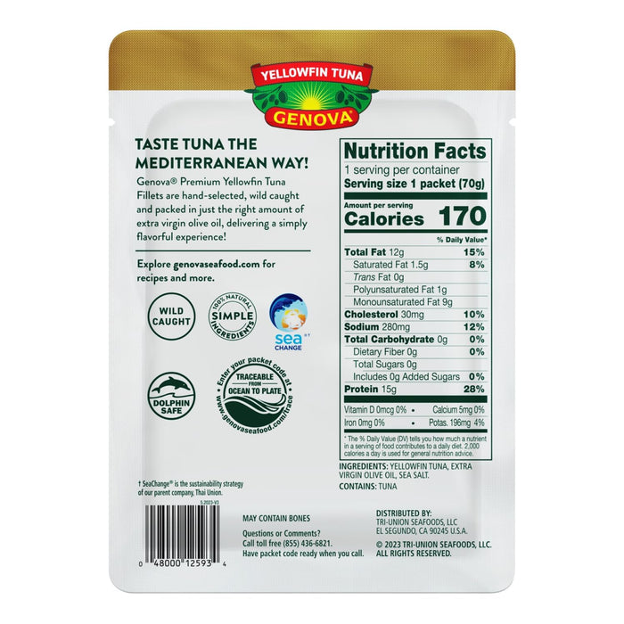 Genova Premium Yellowfin Tuna in Olive Oil, 2.5 Ounce Packets, 12-Pack – Nutrient Rich, High Protein Tuna Packets - Delicious, Easy, Nutritious Ready to Eat Meals