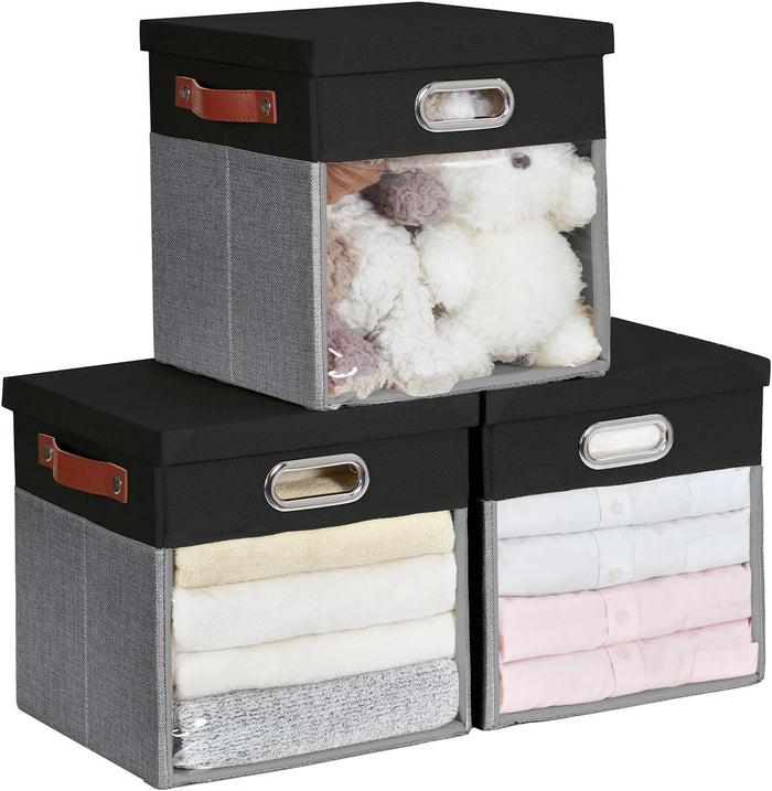 Fabric Storage Cubes with Clear Windows and Lids, 11'' Foldable Storage Bins with 3 Handles, Decorative Storage Boxes for Home, Bedroom, Closet, Office (Gray & White)