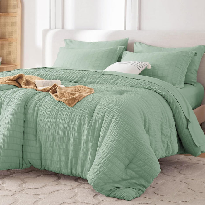 MUXHOMO 7 Pieces Queen Comforter Set, Seersucker Bed in a Bag Queen Size, All Season Luxury Bedding Set with Comforter, Flat Sheet, Fitted Sheet, Pillowcases & Shams, Pink