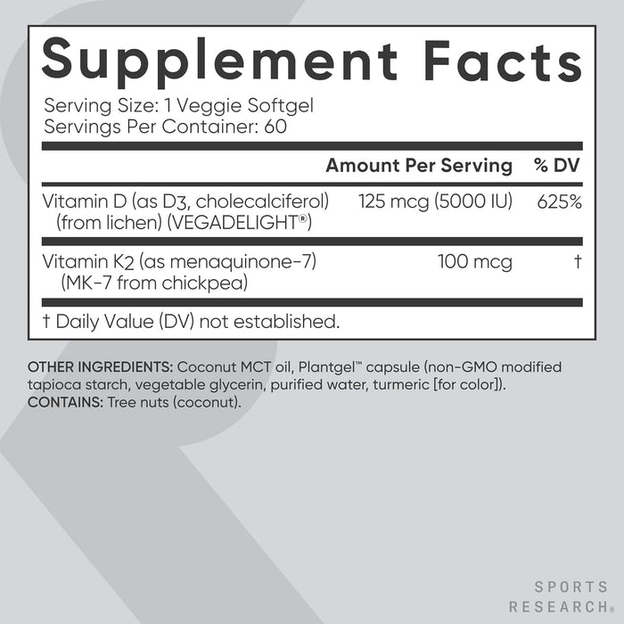 Sports Research® Vitamin D3 + K2 w/ Coconut Oil - Vegan Vitamin D 5000iu & Mk7 Vitamin K 100mcg for Bone & Immune Support - Vegan Certified · Non-GMO · Soy Free - 60 Softgels