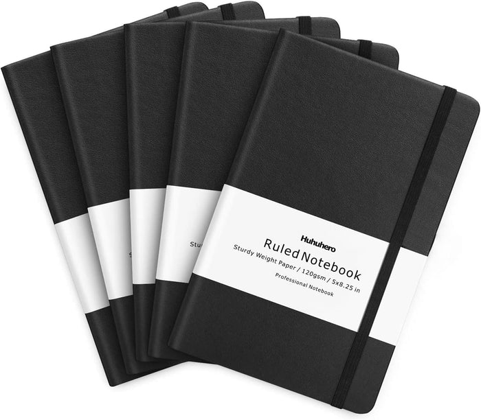 Huhuhero Notebooks Journal, Ruled Notebook, Premium Thick Paper Lined Journal, Black Hardcover Notebook for Office Home School Business Writing Note Taking Journaling, 5"×8.25" (6, Black)