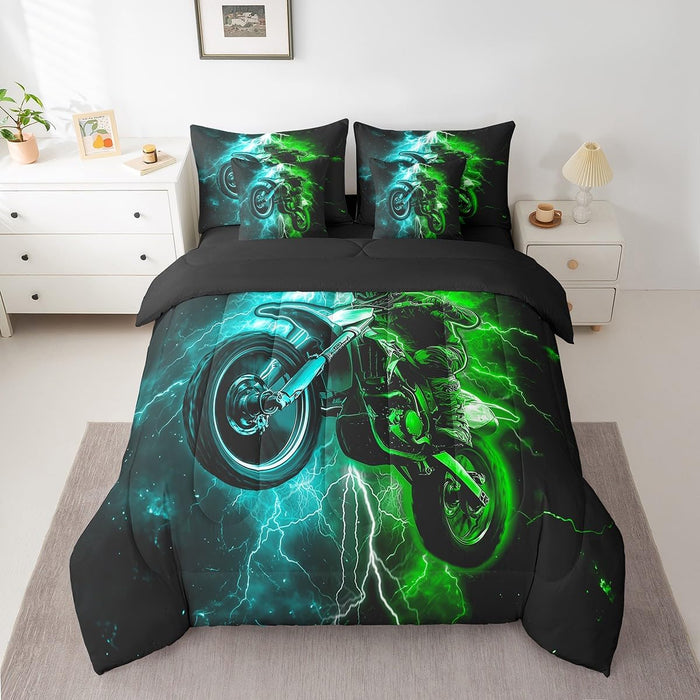 Feelyou Cool Motocross 7 Pieces Beeding Set Twin Size Dirt Bike Bed Set Ultra Soft Motorcycle Racer Bed in a Bag with Comforter, Sheets, Pillowcases for Girls Boys Room Decor Racing Motocross Rider