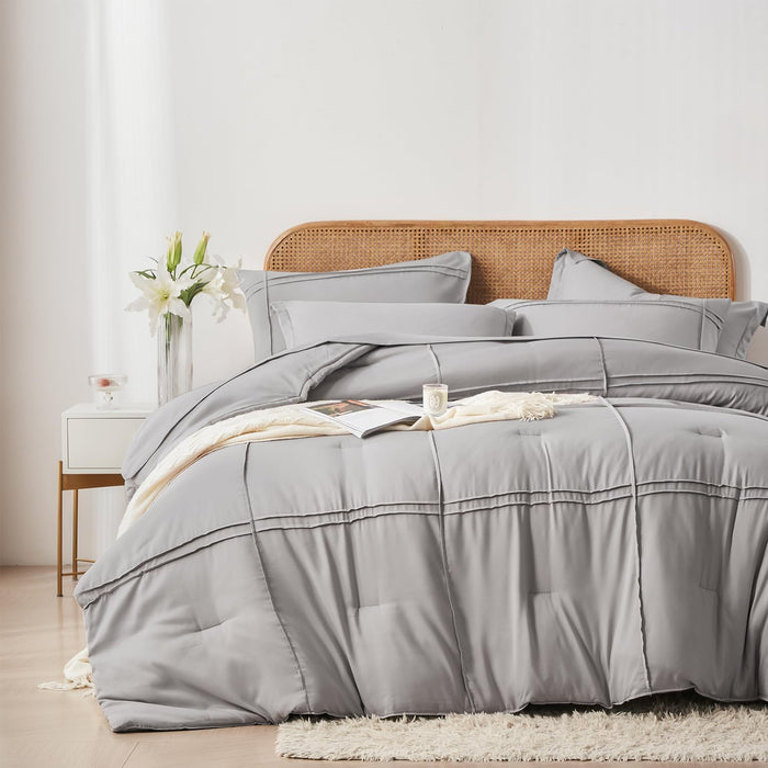 Yogeneg King Size Comforter Set 7 Piece Bed in a Bag,Grid Pinch Pleat Grey Bedding Set,Striped Textured Soft Microfiber Comforter with Sheet Set,All Season Complete Bed Set(Grey,King)