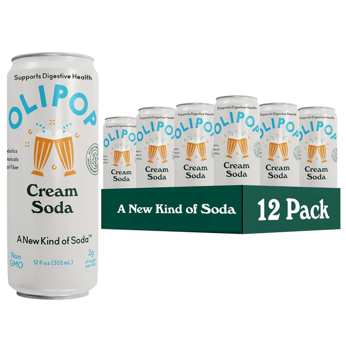 OLIPOP Prebiotic Soda Pop, Classic Root Beer, Pantry Pack Packed with Prebiotics, Fiber, and Botanicals, Gluten Free, Vegan, GMO Free, 12oz Skinny (12-Cans)