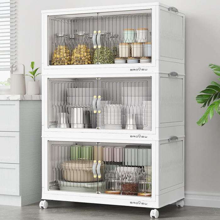 BROVIEW 300Qt Stackable Storage Bins with Lid, Extra Large Closet Organizer Collapsible Drawer Boxes with Wheels, Folding Plastic Cabinet Containers for Home Kitchen Room Organization, 5Pack White