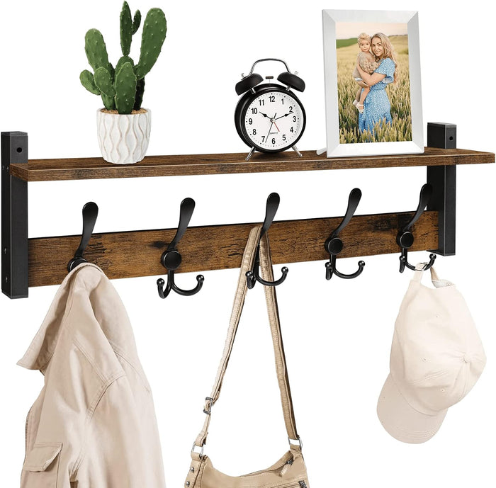 Homode Coat Rack with Shelf, 24" Coat Hooks Wall Mounted with Shelf, Wooden Hanging Coat Hanger with Tri Hooks for Entryway, Bathroom, Mudroom, Bedroom, Black