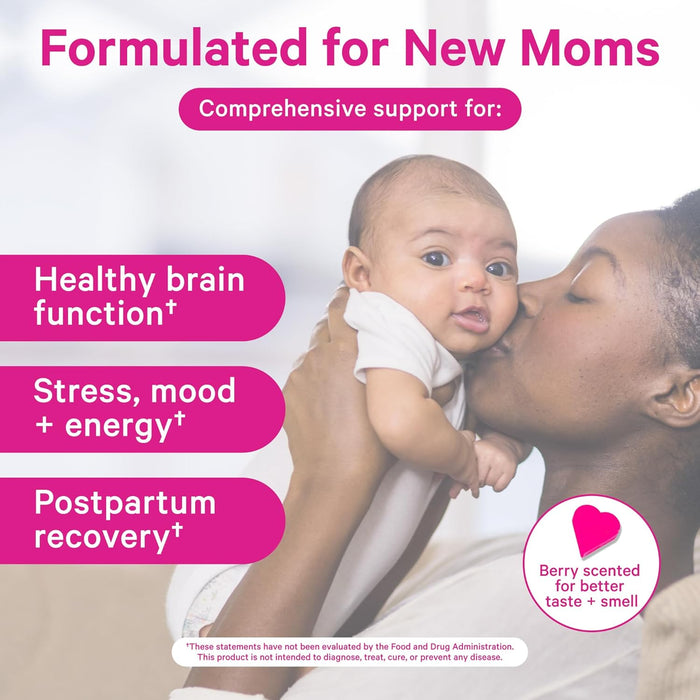 Pink Stork Total Postnatal Vitamins for Women – Berry Flavored Postpartum Multivitamin with Vegan DHA, Iron, Folate, B12 & Nutrients – Breastfeeding Support & Daily Wellness – 1 Month Supply