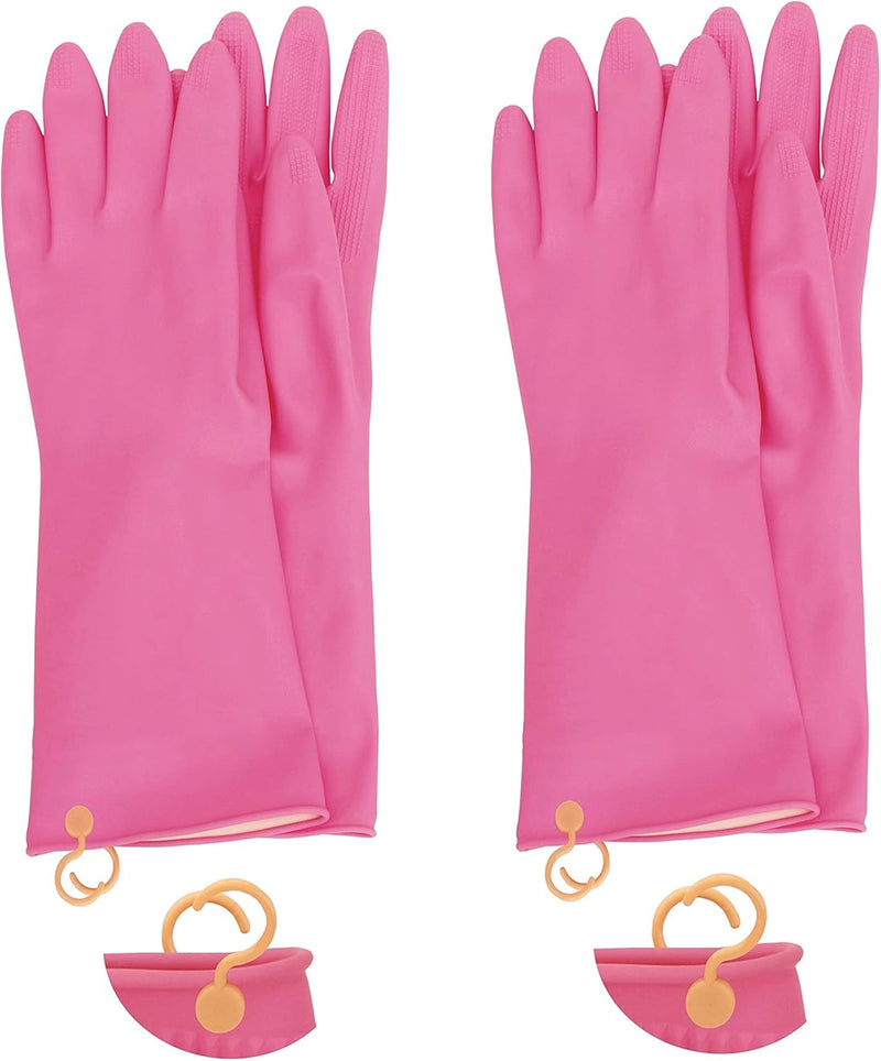 Myungjin 2 Pairs Reusable Waterproof Non-Slip Honeycomb Grip Latex Rubber Gloves with Hang-Dry Hooks/Hanging Loops for Dishwashing Household Cleaning Cooking (Medium OverFit)