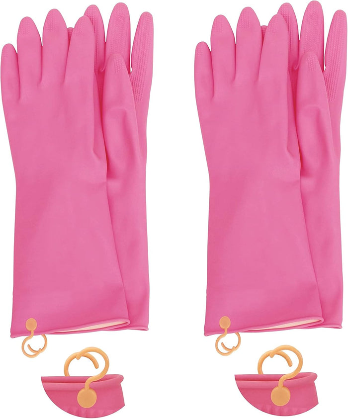 Myungjin 2 Pairs Reusable Waterproof Non-Slip Honeycomb Grip Latex Rubber Gloves with Hang-Dry Hooks/Hanging Loops for Dishwashing Household Cleaning Cooking (Medium OverFit)