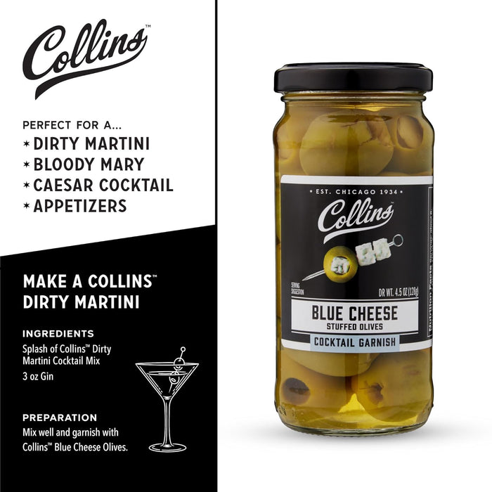 Collins Gourmet Blue Cheese Olives, Premium Stuffed-Cheese Garnish for Cocktails, Martinis, Bloody Marys, Snack Trays, Charcuterie, and Salads, Condiment Olives, 4.5 Oz