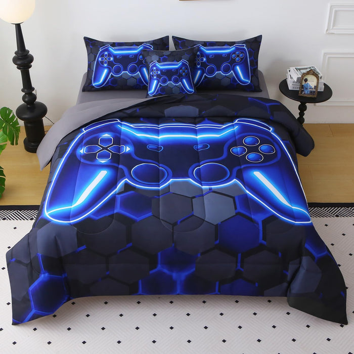 JQinHome Full Gamer Comforter Set,6 Piece Bed in A Bag 3D Video Game Bedding -All Season Down Alternative Gamer Bedding Sets - (Blue Game Controller)
