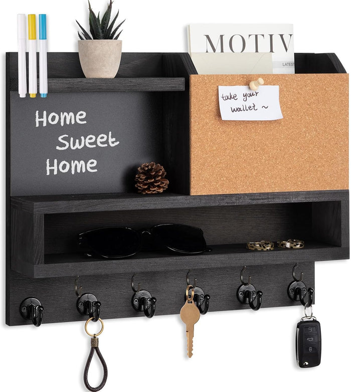 Key Holder for Wall Mount with Mail Organizer, Farmhouse Key Holder for Wall with Shelf, Chalkboard&Corkboard, Entryway Organizer 11 Metal Hooks, Decorative Natural Pine Wood, 14.6*11.1*3.3”, B-Brown