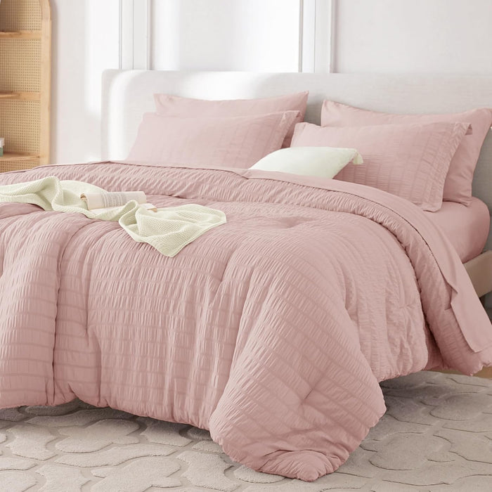 MUXHOMO 7 Pieces Queen Comforter Set, Seersucker Bed in a Bag Queen Size, All Season Luxury Bedding Set with Comforter, Flat Sheet, Fitted Sheet, Pillowcases & Shams, Pink