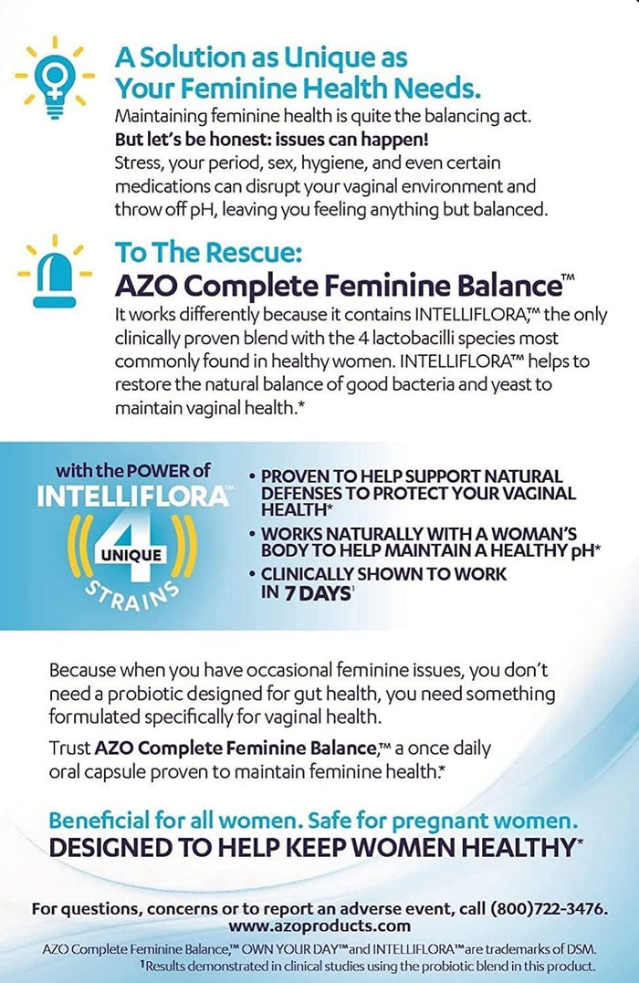 AZO Complete Feminine Balance Daily Probiotics for Women, Clinically Proven to Help Protect Vaginal Health, Helps balance pH and yeast, Non-GMO, 30 Count