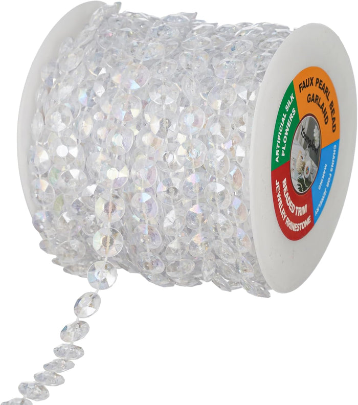 33 Feet Crystal Garland Christmas Clear Iridescent Crystal Bead Rolls and Gold Bead Garland Twist Bead String for Christmas Tree Wedding Party Decoration