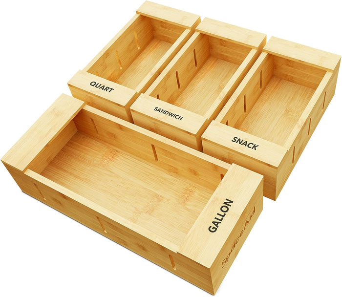 SpaceAid Bag Storage Organizer for Kitchen Drawer, Bamboo Organizer, Compatible with Gallon, Quart, Sandwich and Snack Variety Size Bag (4 Pack)