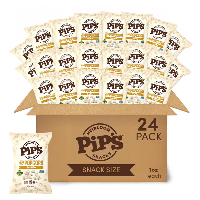 Truffle Mini Popcorn by Pip's Heirloom Snacks – 1oz 24pk – Healthy, Gluten-Free Snack Packs Made From Heirloom Corn, Black Truffle