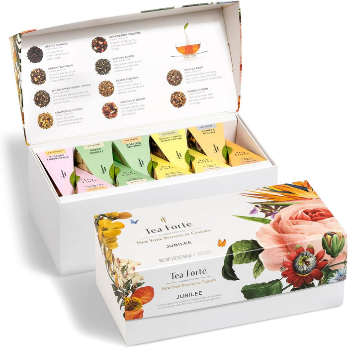 Tea Forte Tea Sampler Presentation Box, 20 Assorted Handcrafted Pyramid Tea Infuser Bags, Tea Tasting Assortment: Black, White, Green, Herbal