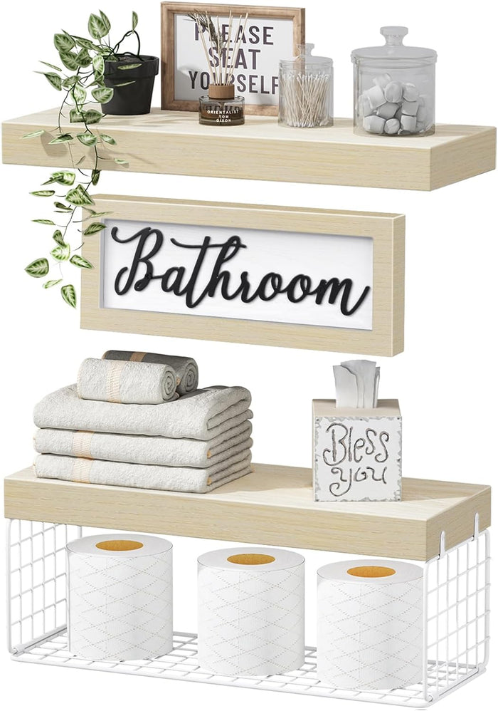 QEEIG ‎Bathroom Shelves Over Toilet - Paper Storage Wall Mounted Farmhouse Decor Decorations Aesthetic Décor Sign Small Floating Shelf 2+1 Set 16 inch, Rustic Brown (020BN)