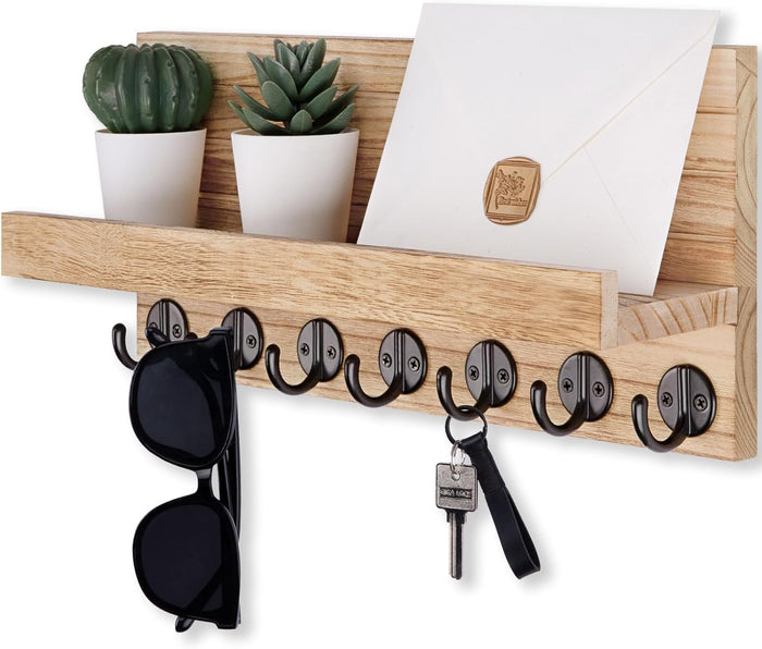 Key Holder Wall Mount, Entryway Key and Mail Holder with 7 Sturdy Hooks for Sunglasses, Dog Leash, Decorative Wall Shelf with Mounting Hardware, 15”W x 6.7”H x 4.2”D