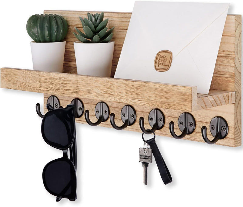 Key Holder Wall Mount, Entryway Key and Mail Holder with 7 Sturdy Hooks for Sunglasses, Dog Leash, Decorative Wall Shelf with Mounting Hardware, 15”W x 6.7”H x 4.2”D