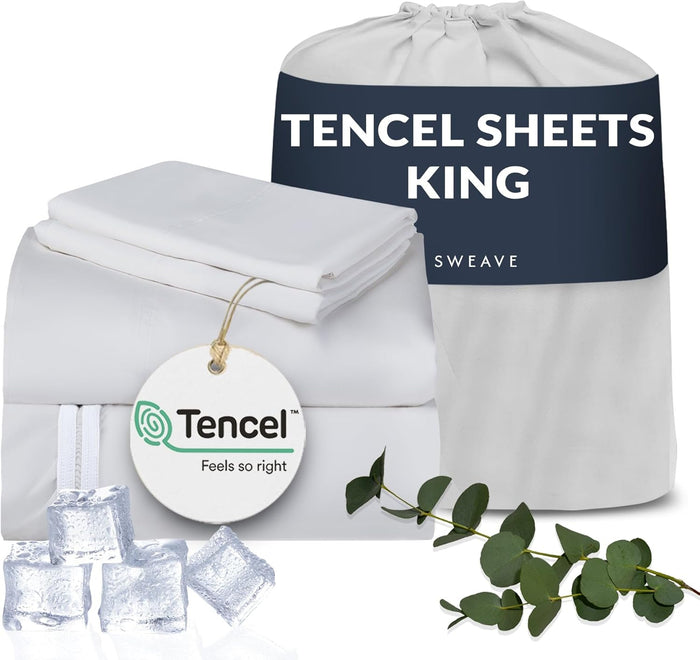Eucalyptus Sheets – 100% Tencel Cooling Sheets, 300 TC Ultra-Soft, Breathable Percale Weave, 4-Piece Bedding Set for a Refreshing, Comfortable Sleep (White, King)