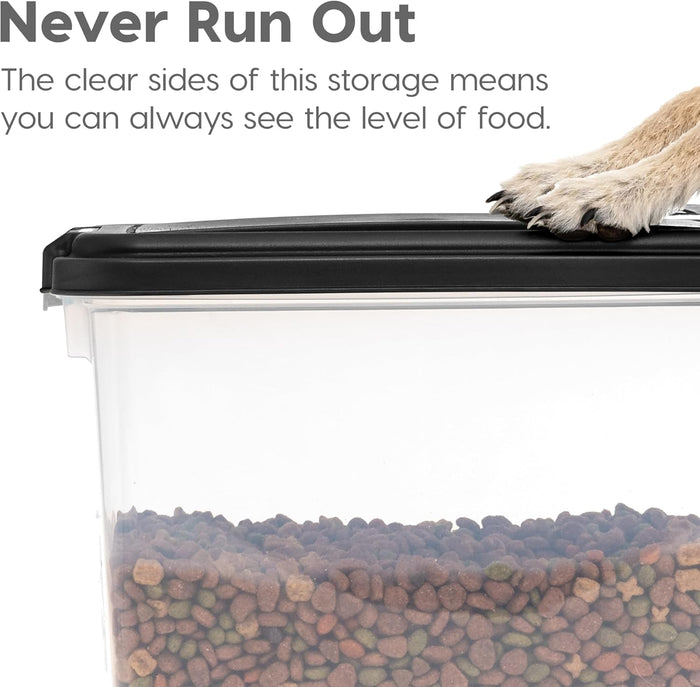 IRIS USA 3-Piece 41 Lbs / 45 Qt WeatherPro Airtight Pet Food Storage Container Combo with Scoop and Treat Box for Dog Cat and Bird Food, Keep Fresh, Translucent Body, Easy Mobility, Black