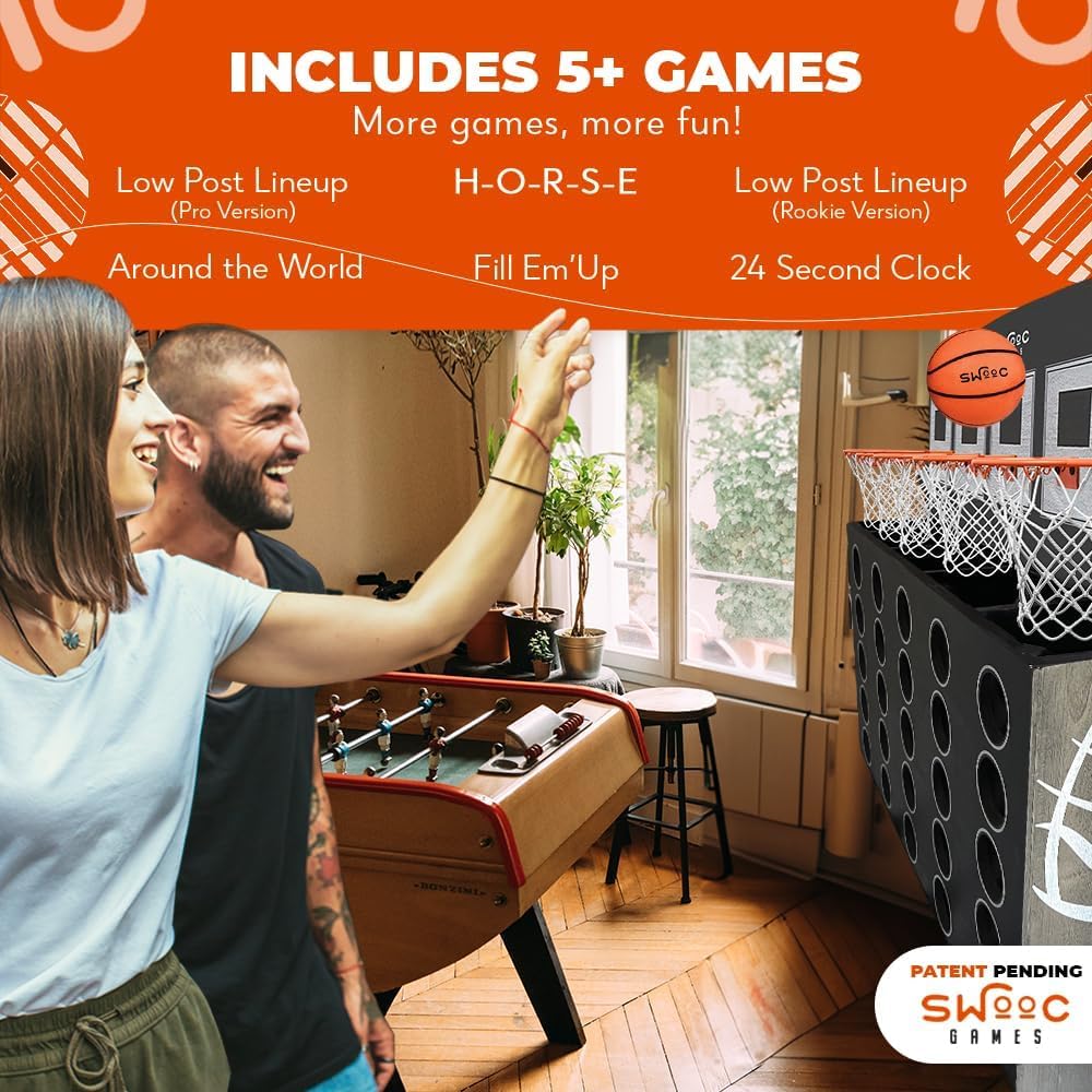 SWOOC Games - Low Post Lineup™ | Wall Mounted Giant Basketball 4 In A Row w/ 5+ Games | Basketball Hoop For Room Wall Games | Game Room Games | Mini Basketball Hoop Indoor Connect | Four In A Row Game