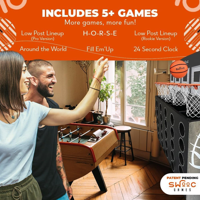 SWOOC Games - Low Post Lineup™ | Wall Mounted Giant Basketball 4 In A Row w/ 5+ Games | Basketball Hoop For Room Wall Games | Game Room Games | Mini Basketball Hoop Indoor Connect | Four In A Row Game