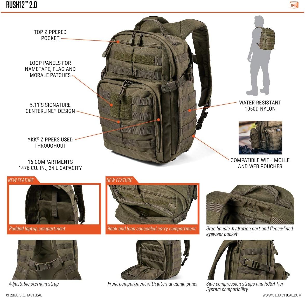 5.11 Tactical Backpack – Rush 12 2.0 – Military Molle Pack, CCW with Multiple Compartments, 24 Liter, Small, Style 56561, Kangaroo
