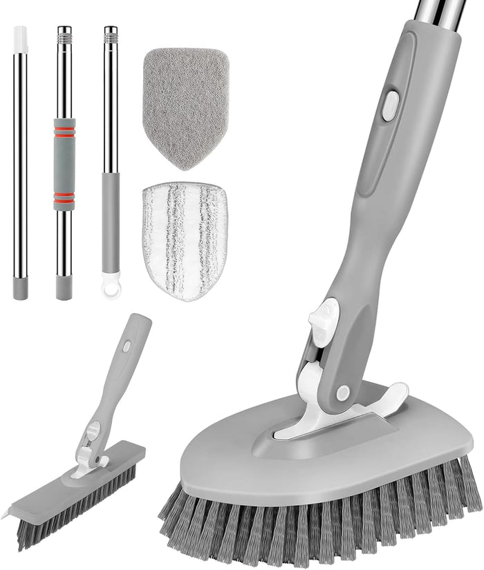SetSail Floor Scrub Brush, 3-In-1 Tile Tub Floor Scrubber with 52-inch Adjustable Long Handle Shower Cleaner and 3 Detachable Replacement Brush Heads for Cleaning Bathroom Kitchen Walls Tub Tile