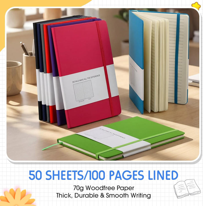 40 Pack A5 Lined Journal Notebooks Bulk 5.5 x 8.2 Inches PU Leather Hardcover Notebook 50 Sheets 70 GSM Ruled Lined Writing Journal with Pen Holder for School Business Work Writing