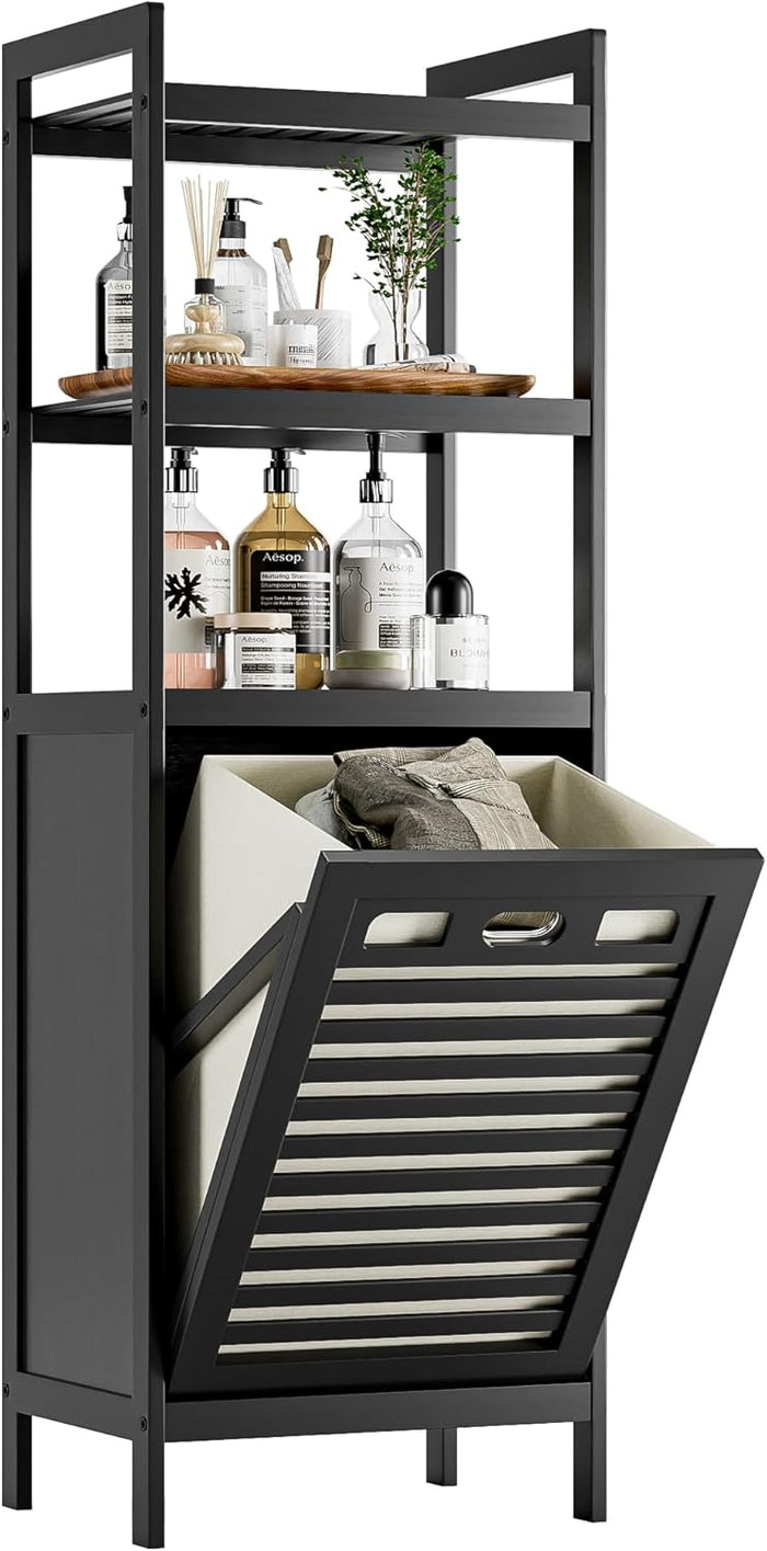 HITNET Tilt Out Laundry Hamper, Bamboo Bathroom Cabinet with Pull Out Removable Bag and 3 Tier Storage Shelves, 8.5 Gallon Clothes Basket with Metal Handle, Black