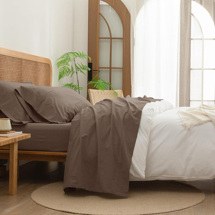 BESTOUCH Sheet Set 100% Washed Cotton Linen Feel Super Soft Comfortable Chic Lightweight 4 Pcs Home Bedding Set Solid Bright White Queen