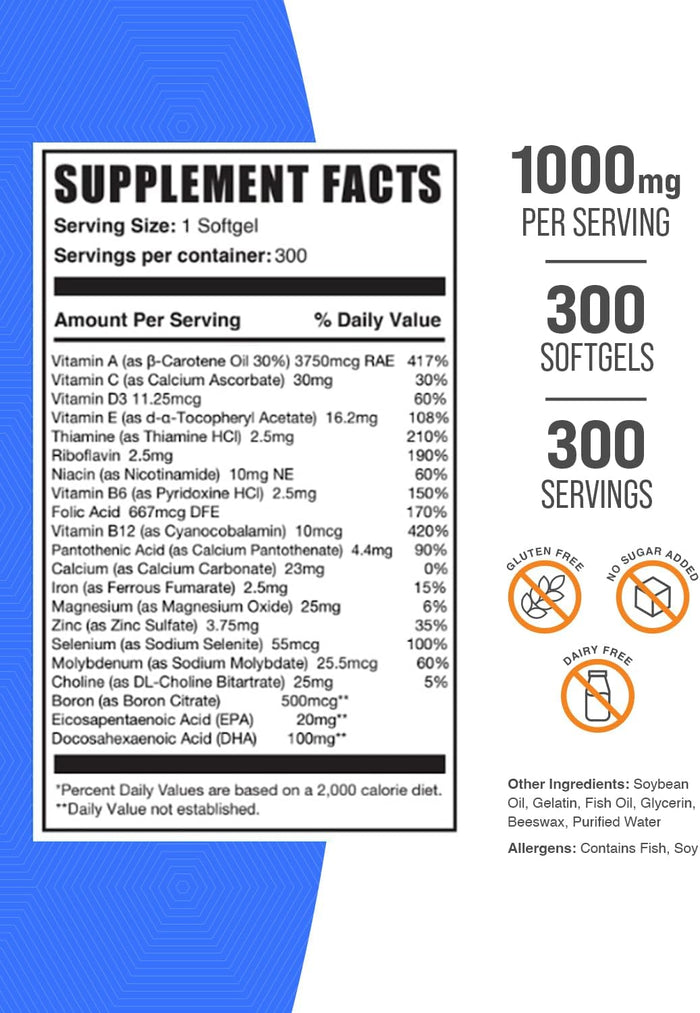 BulkSupplements.com Multivitamin for Women Softgels - Women's Multivitamin with Iron, Multimineral Supplement, with Fish Oil - Gluten Free, 1 Softgel per Serving, 300 Count (Pack of 1)