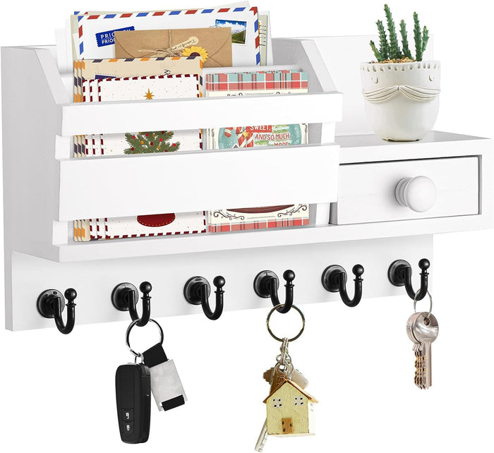 VIS'V Key Holder Wall Mount, Wooden Mail and Key Organizer with Drawer and Shelf, 2 Slots, 6 Hooks, Black