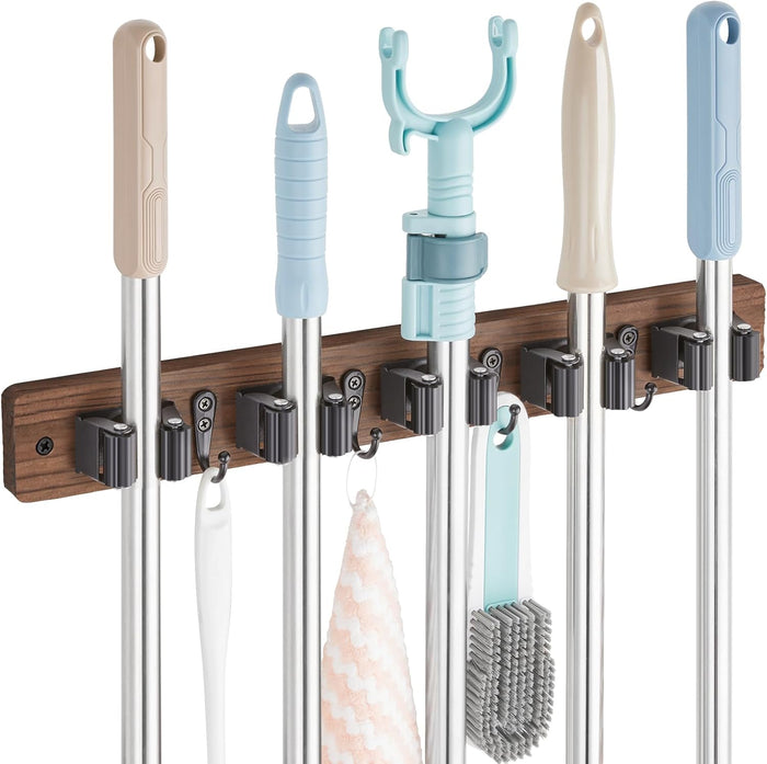 Turquoise Mop Broom Holder Wall Mount with 4 Slots & 4 Hooks - Wood Broom Mop Hanger for Pantry Closet Laundry Room Organization - for Teal Kitchen Decor and Accessories