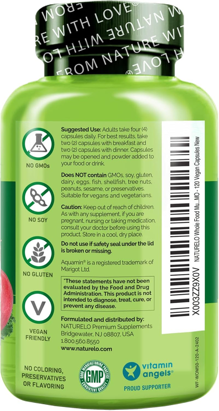 NATURELO Whole Food Multivitamin for Women 50+ (Iron Free) with Vitamins, Minerals, & Organic Extracts - Supplement for Post Menopausal Women Over 50 - No GMO - 120 Vegan Capsules