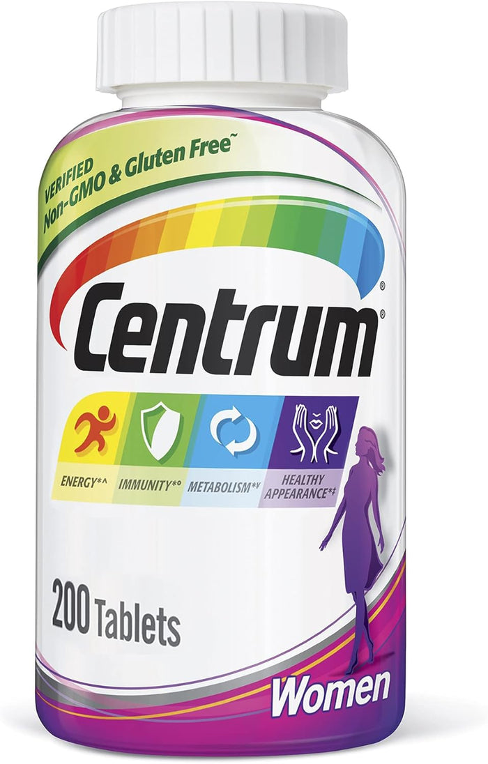 Centrum Multivitamin Tablet for Women, Multivitamin/Multimineral Supplement with Iron, Vitamin D3, B Vitamins and Antioxidant Vitamins C and E, Gluten Free, Non-GMO Ingredients - 200 Count