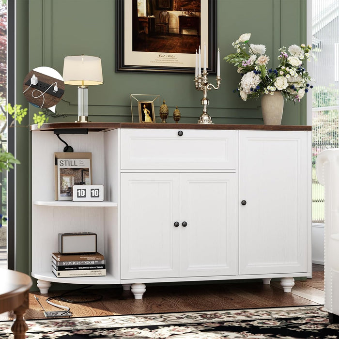 Unikito 55" Coffee Bar with Power Outlet, Wine Bar Cabinet with Wine Rack, Home Coffee Bar Cabinet, Buffet Sideboard with Storage Shelf for Kitchen, Dining Room