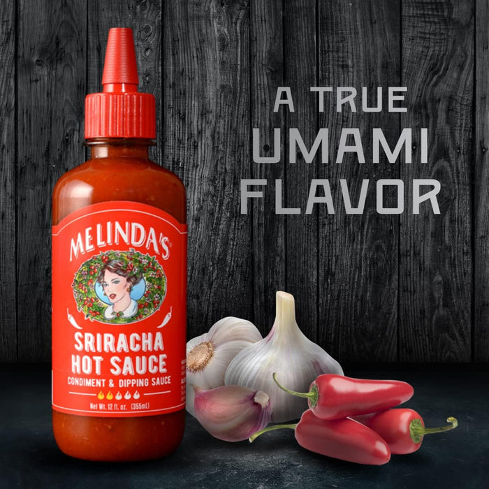 Melinda’s Sriracha Hot Sauce - Classic, Gourmet Sriracha Sauce Made with Fermented Red Jalapeños & Garlic - Keto, Vegan, Non-GMO and Gluten Free Hot Sauce - 12oz, 3-Pack